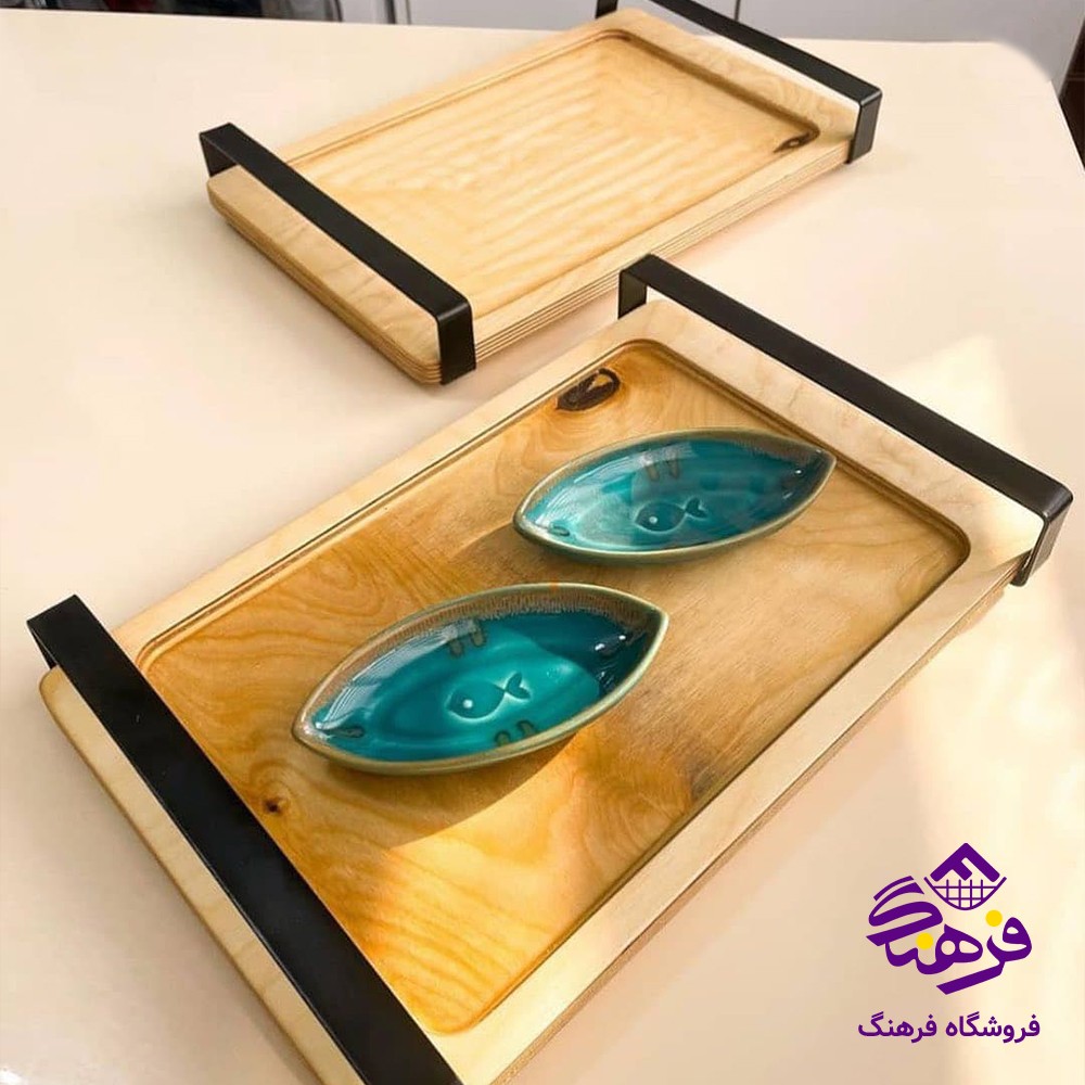 سینی رایکا چوبی طرح سنگ دسته فلزی کوچک