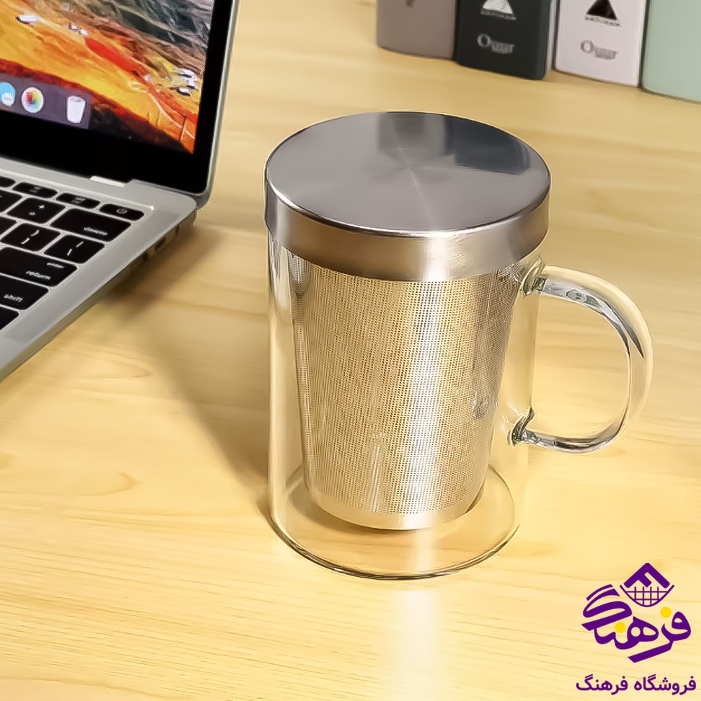 لیوان دمنوش پیرکس درب استیل بزرگ